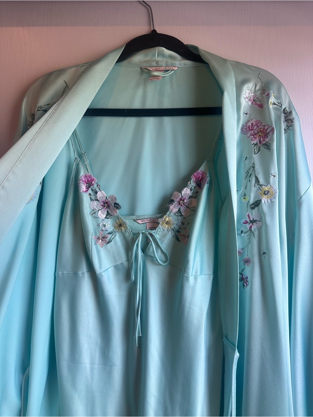 Victoria's Secret Aqua Satin Chemise & Robe Set with Floral Embroidery